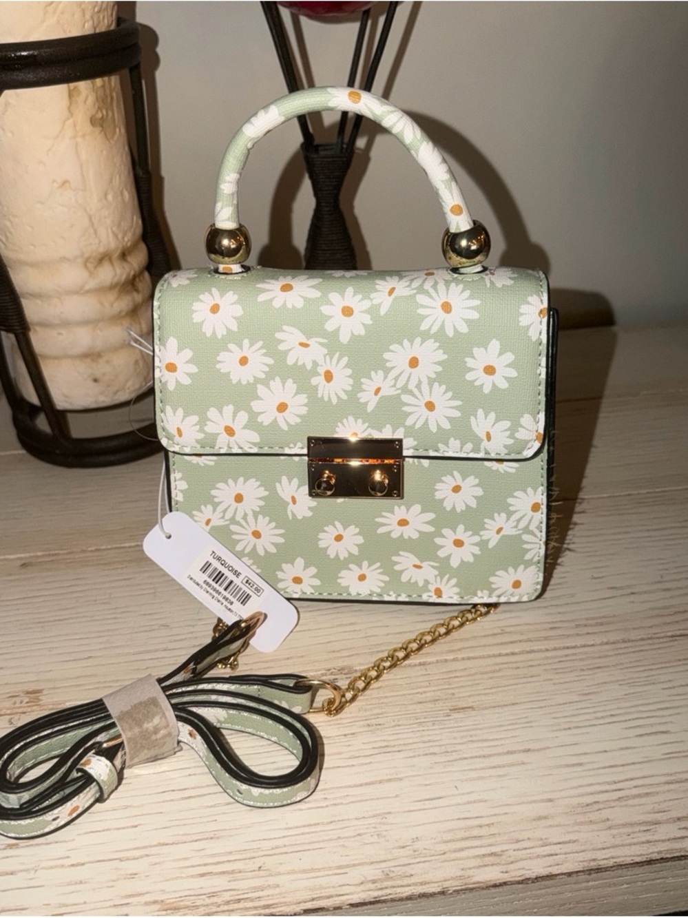 Daisy Print Top-Handle Crossbody Bag - Green